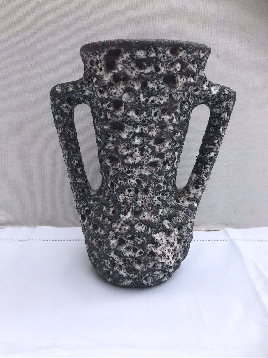 Vintage annette roux fat lava ceramic grey & white foams ancient vase