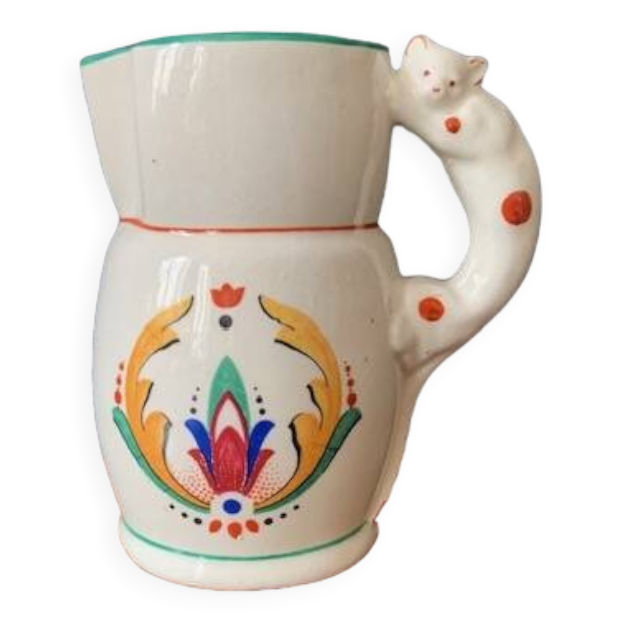 Hand-painted earthenware cream pot with cat handle, 19th century
