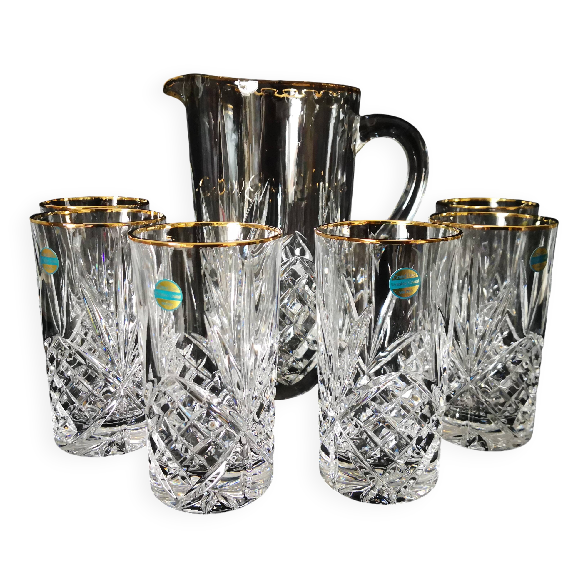 lemonade service, pitchers and glasses, in Lorraine crystal, the Grand Dukes, gold border