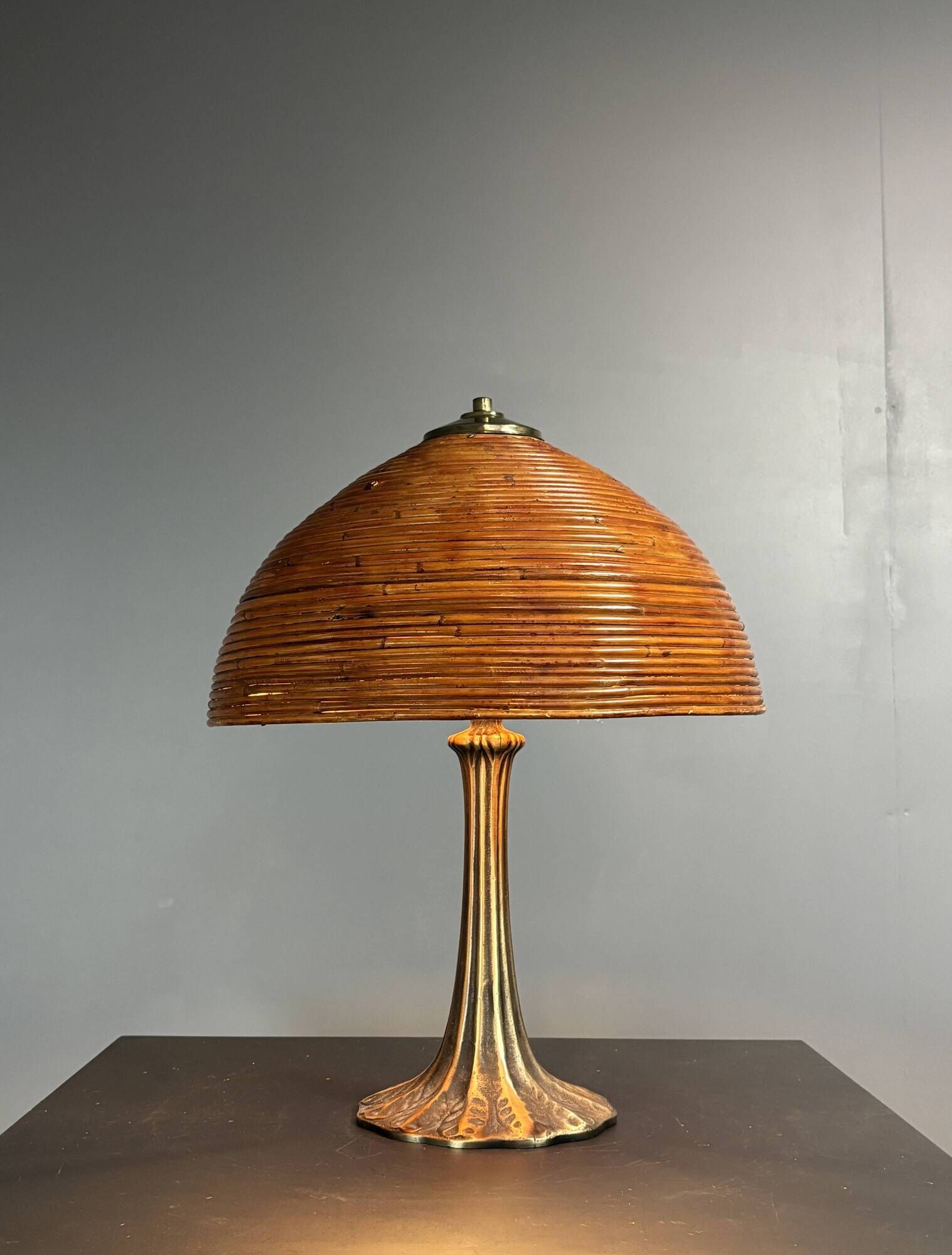 Midcentury mushroom pencil reed rattan bamboo and brass table lamp, 1970s