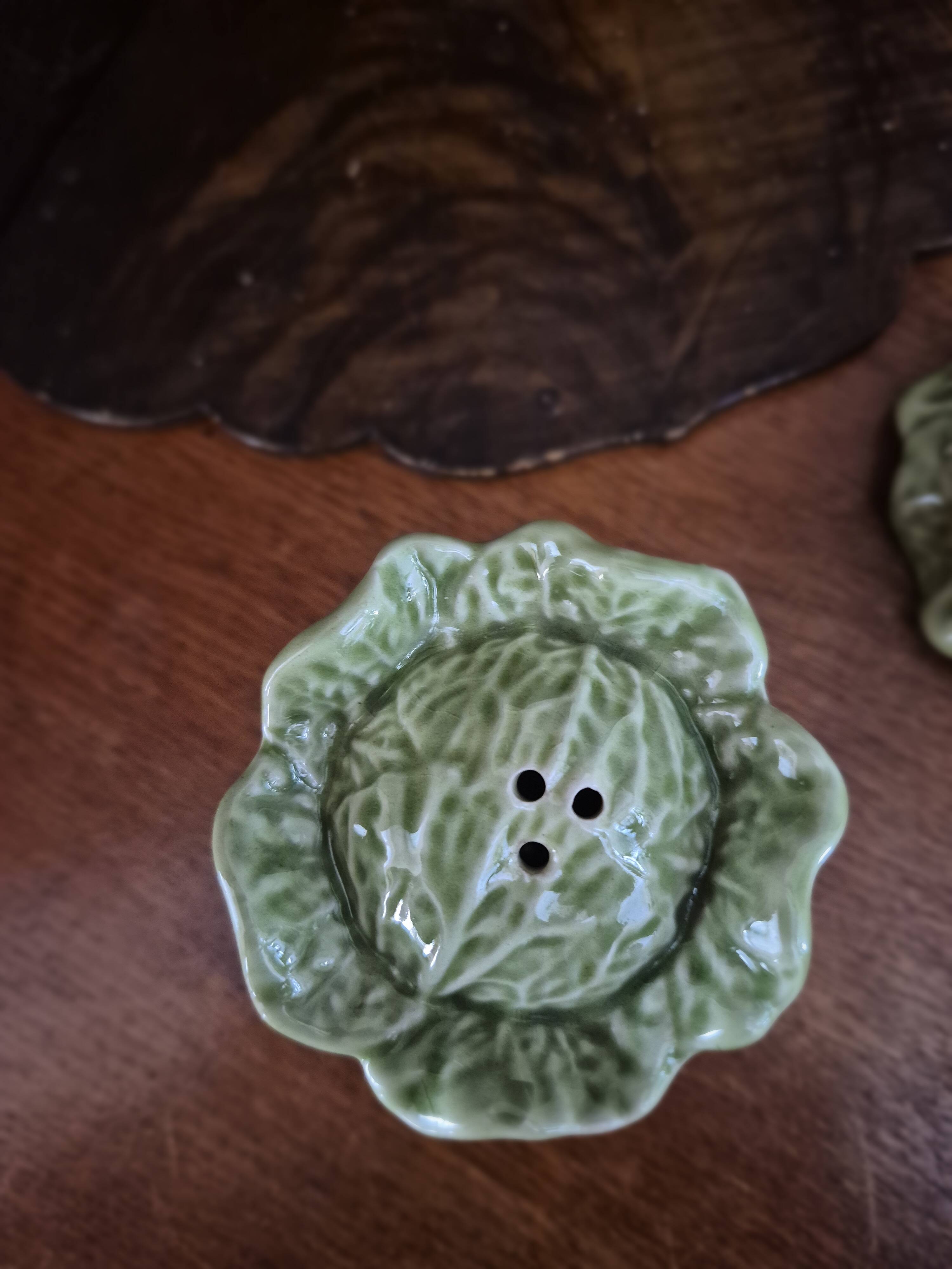 Vintage cabbage barbotine salt and pepper shaker duo