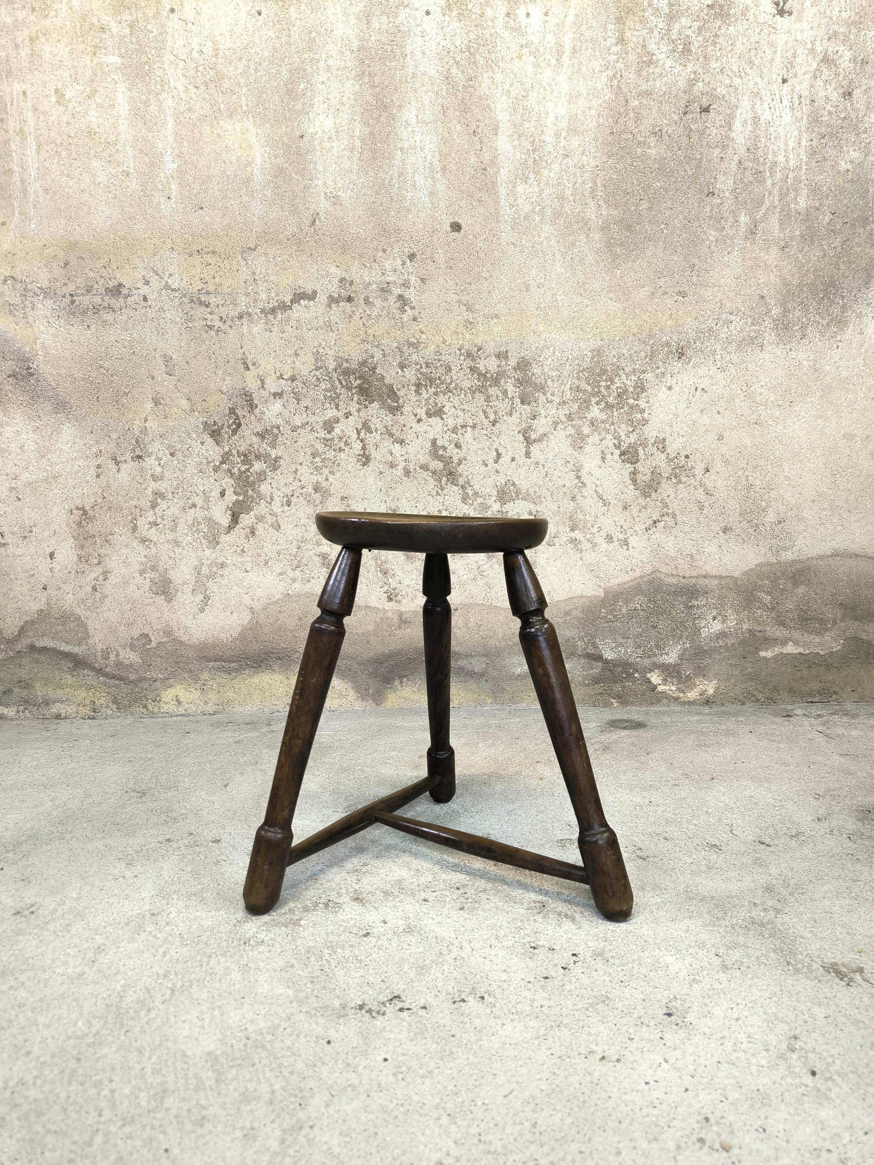 Vintage brutalist wooden tripod stool