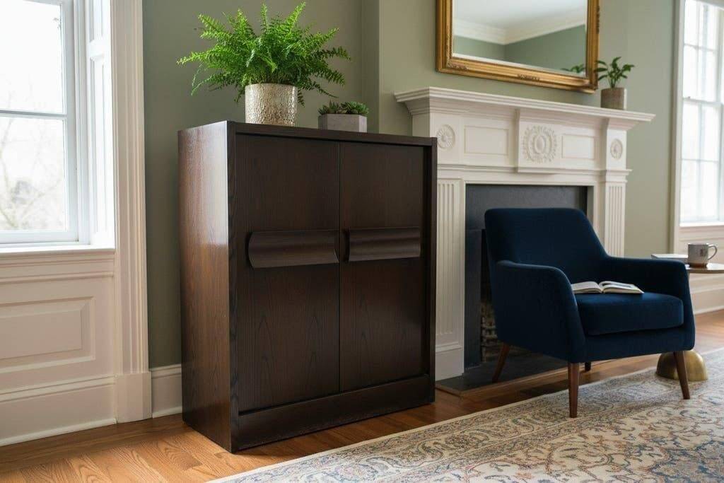 Vintage brutalist buffet/bar/dark wood sideboard