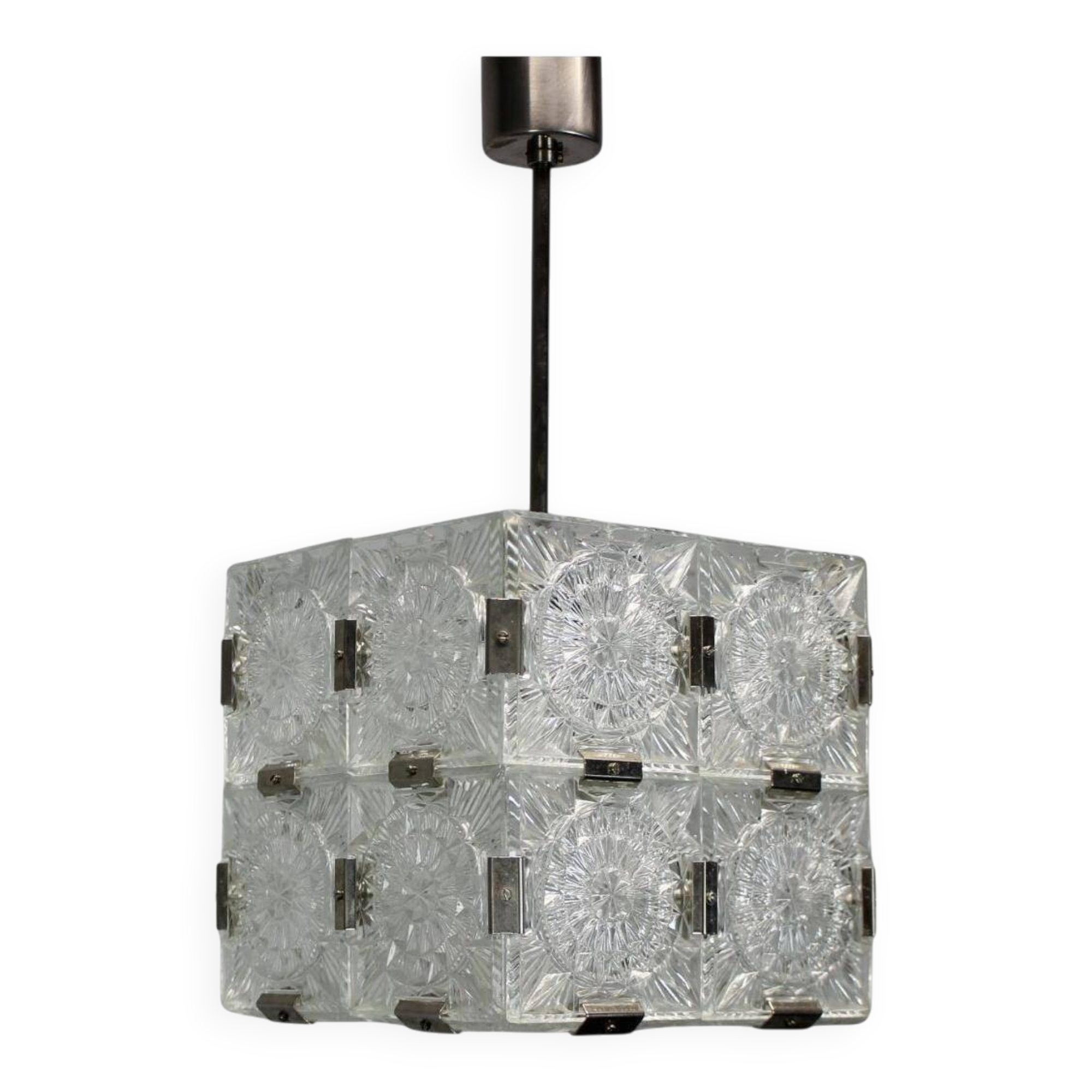 Mid-Century Square Clear Glass Pendant by K. Šenov, 1960s, Czechoslovakia