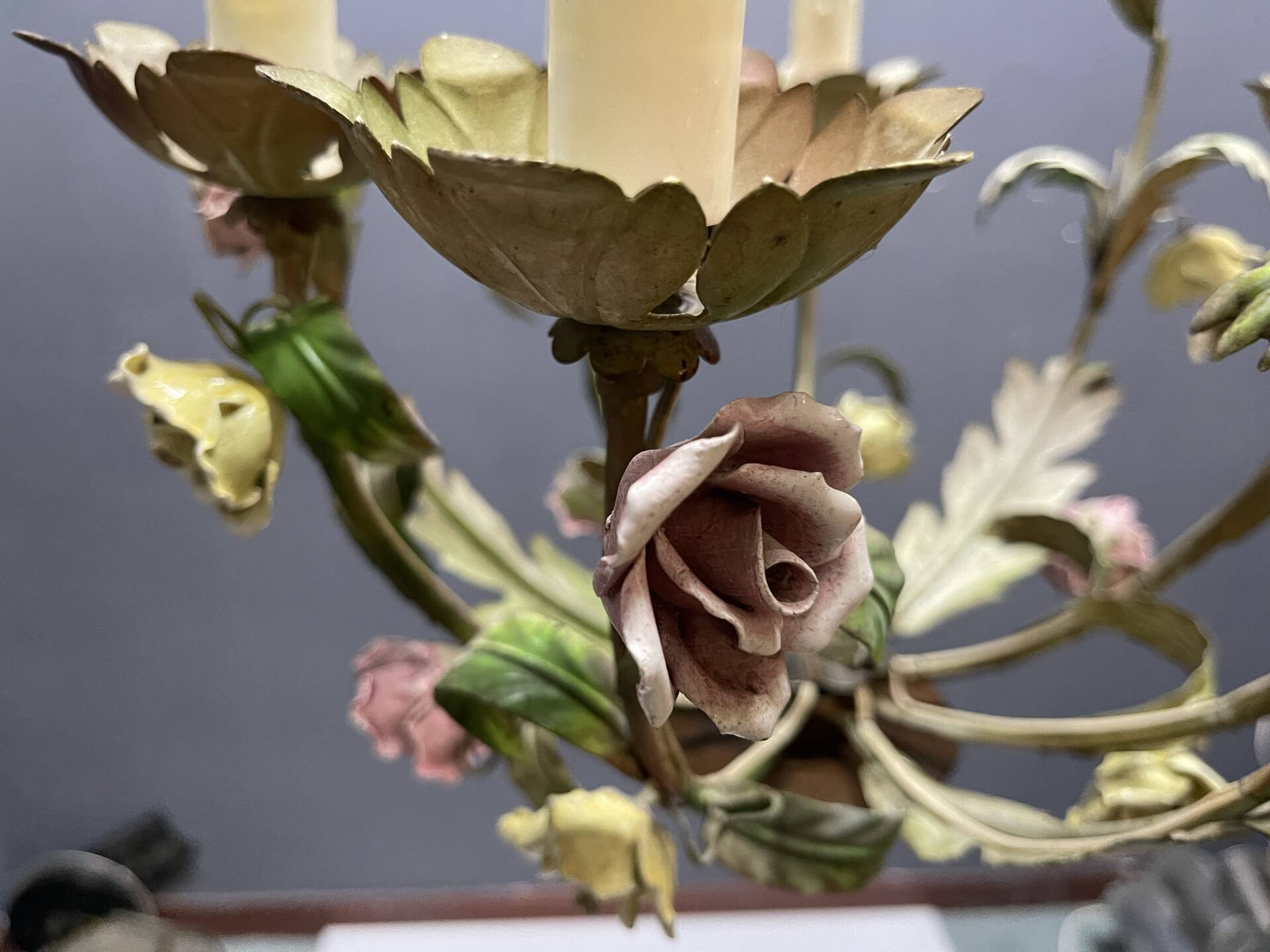 Tole Ceramic Flower Italian Chandelier 1960’s 