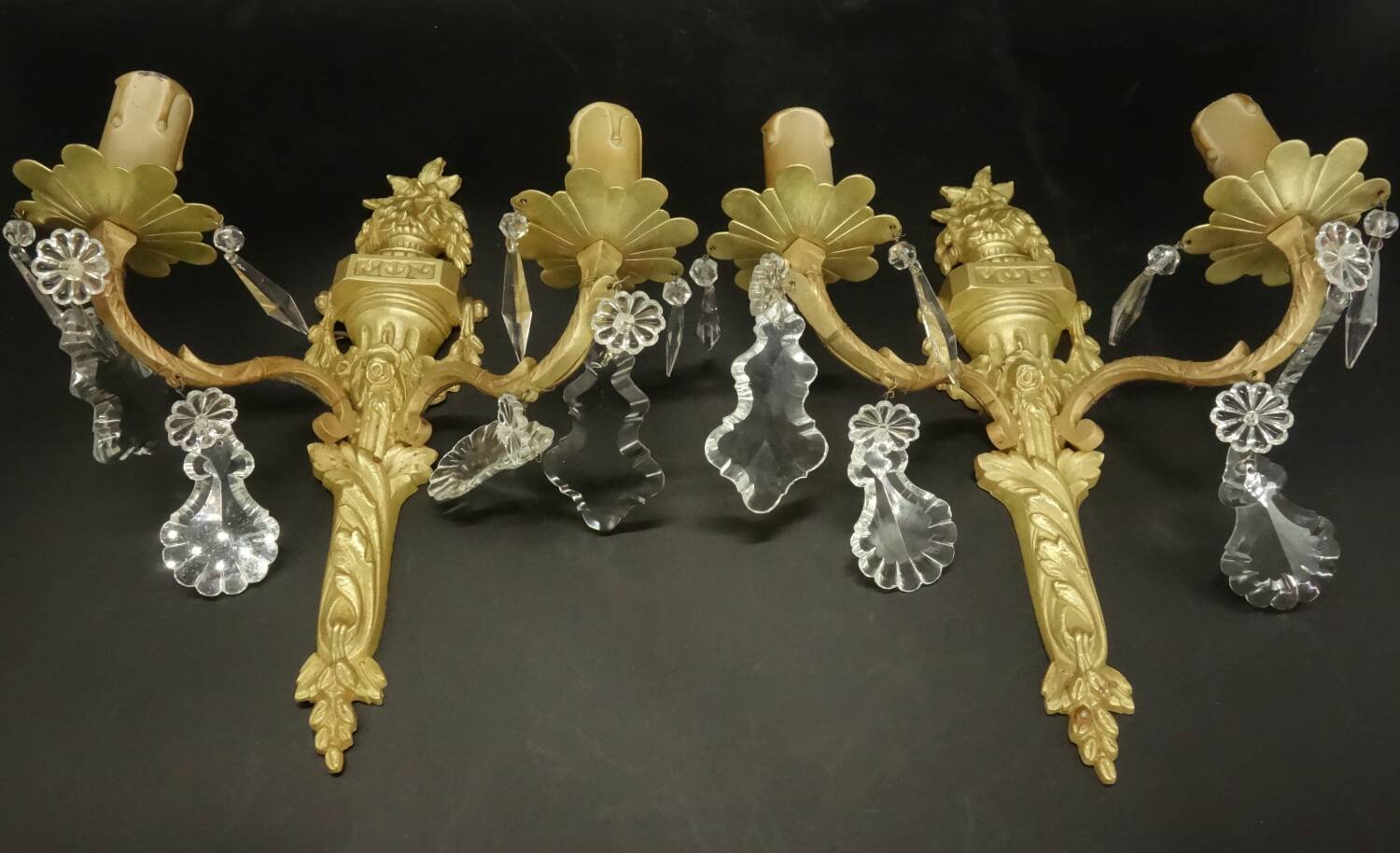 Pair of Louis XVI style tassel sconces, early 1900s - bronze & glass