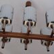Brutalist chandelier in teak and art glass, Italy, 1960s