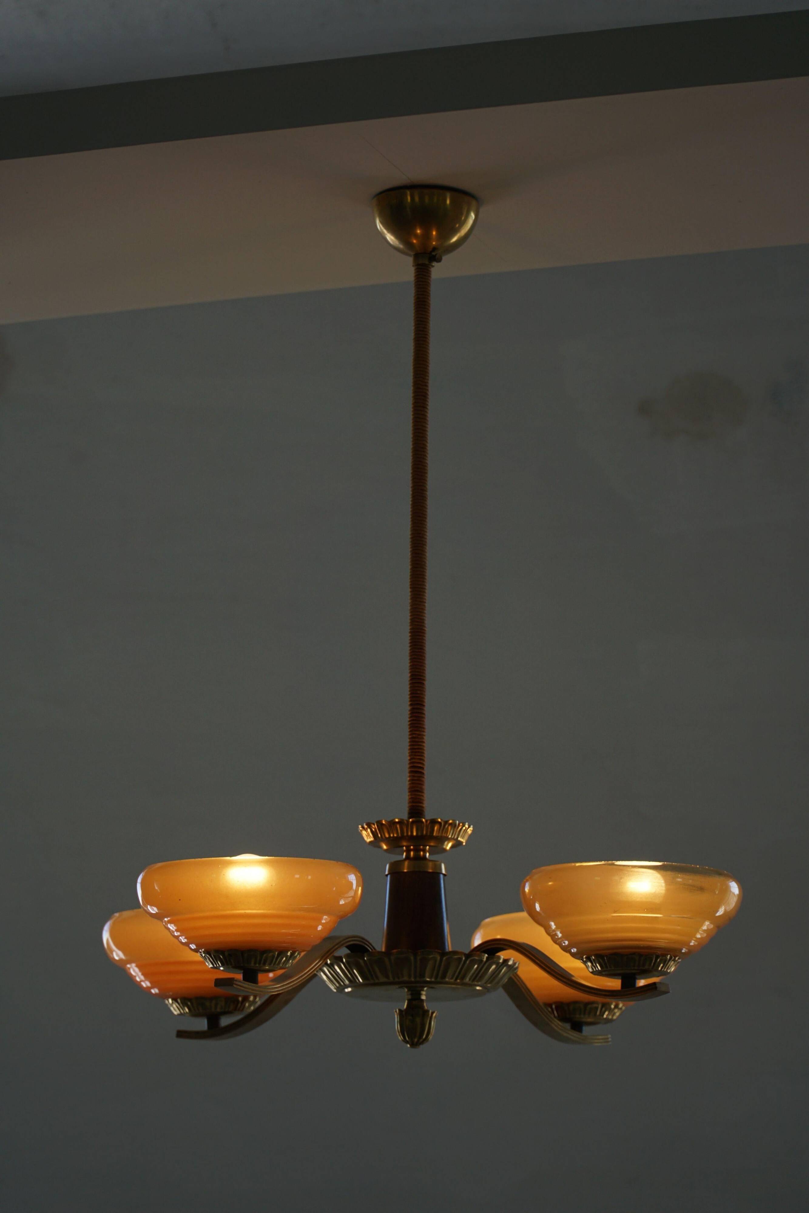 Art Deco chandelier with 4 arms in glass and brass, Sweden, 1940s