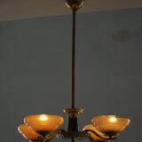 Art Deco chandelier with 4 arms in glass and brass, Sweden, 1940s