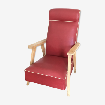 Fauteuil skaï rouge et bois