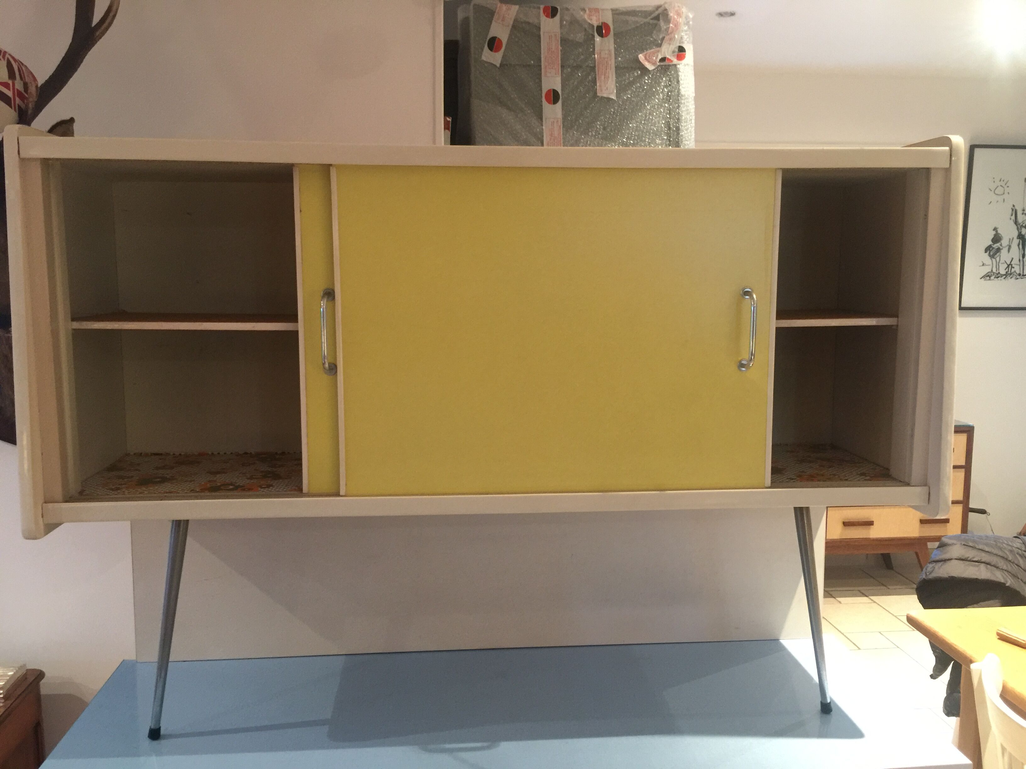 Blue and yellow formica buffet