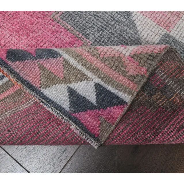 Vintage Pink Geometric Turkish Hand-Knotted Runner 92x342