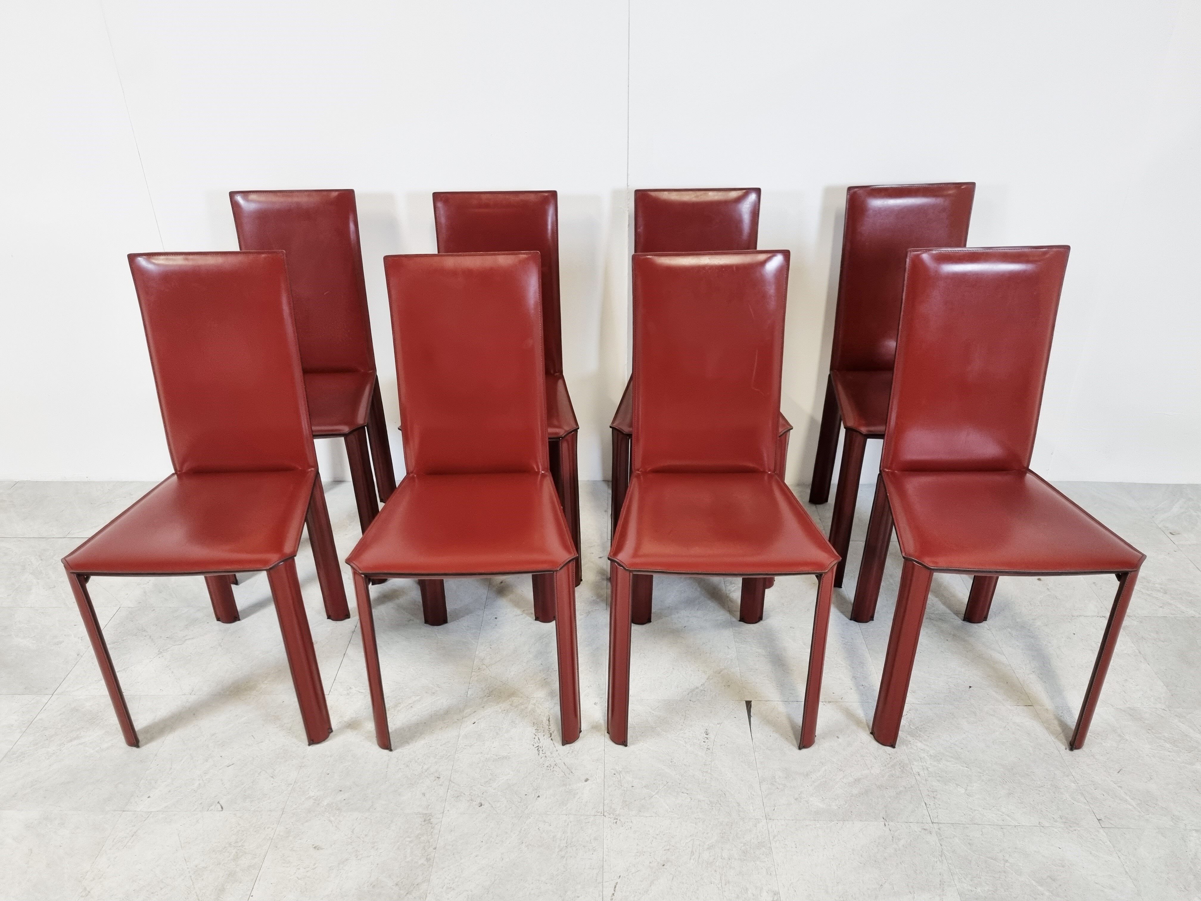 Red leather dining chairs by De Couro Brazil, 1980s - set of 8
