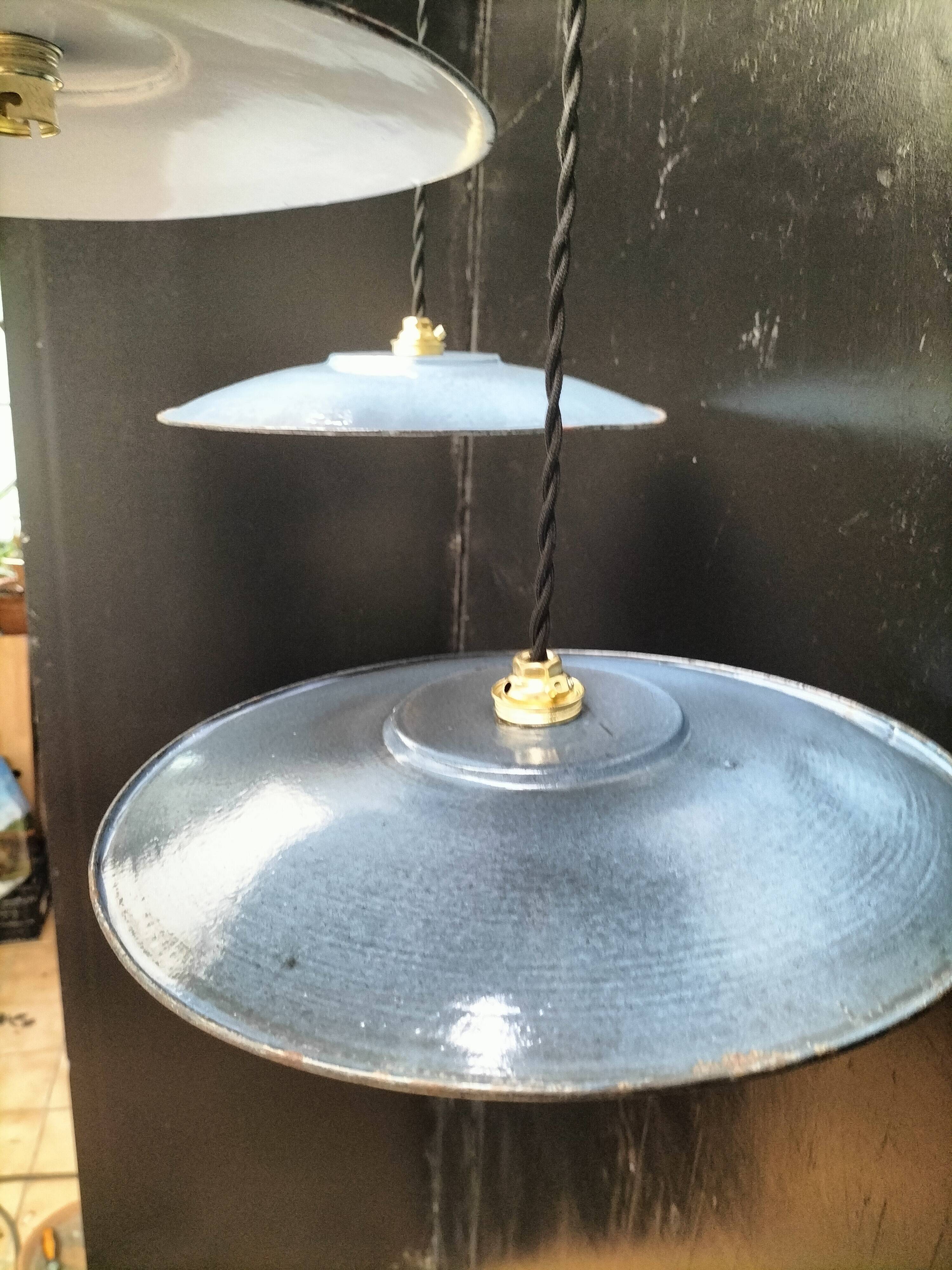 3 blue enameled sheet metal pendant lights