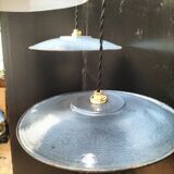 3 blue enameled sheet metal pendant lights