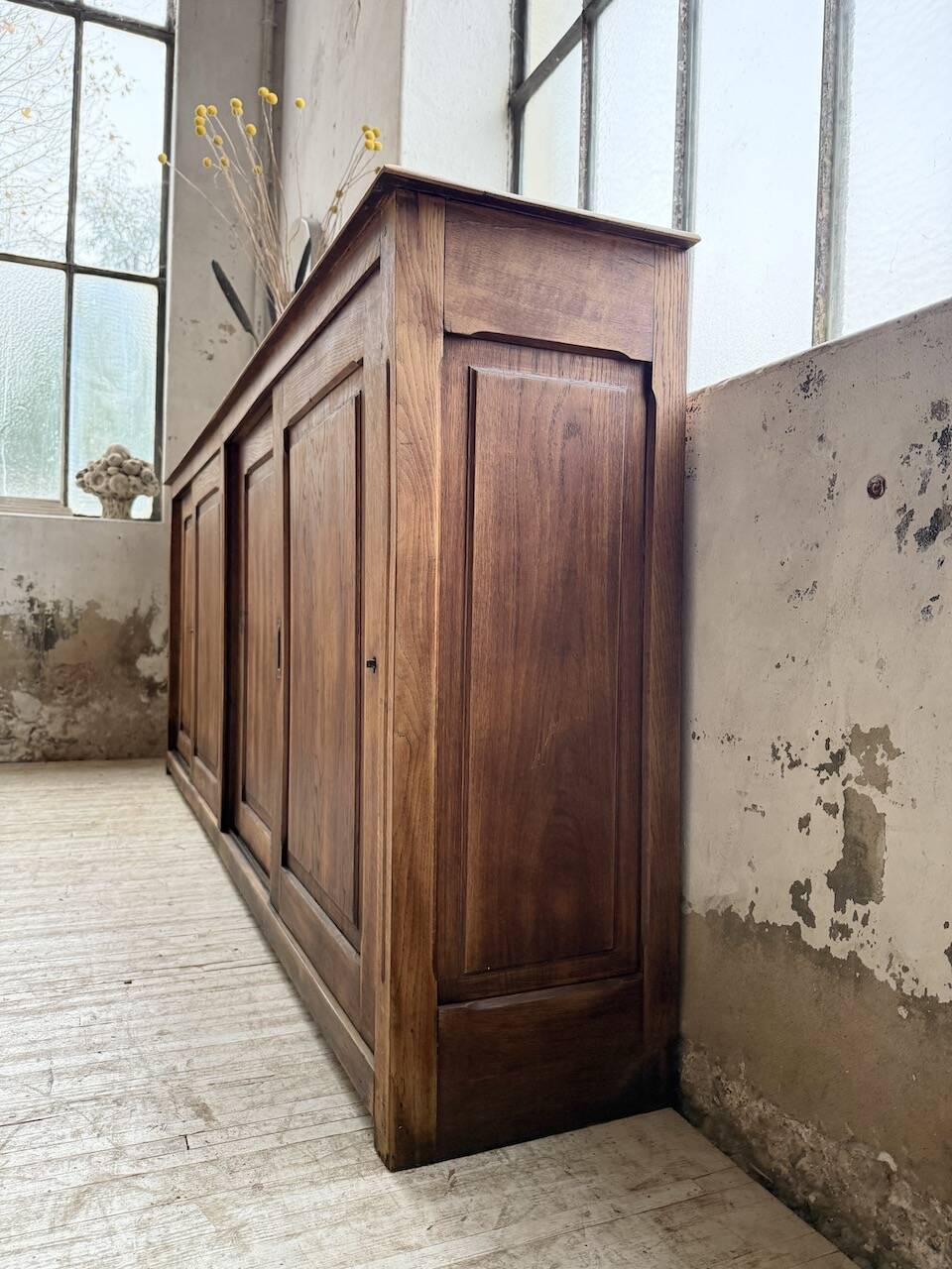 XL oak workshop sideboard with sliding doors from 1900
