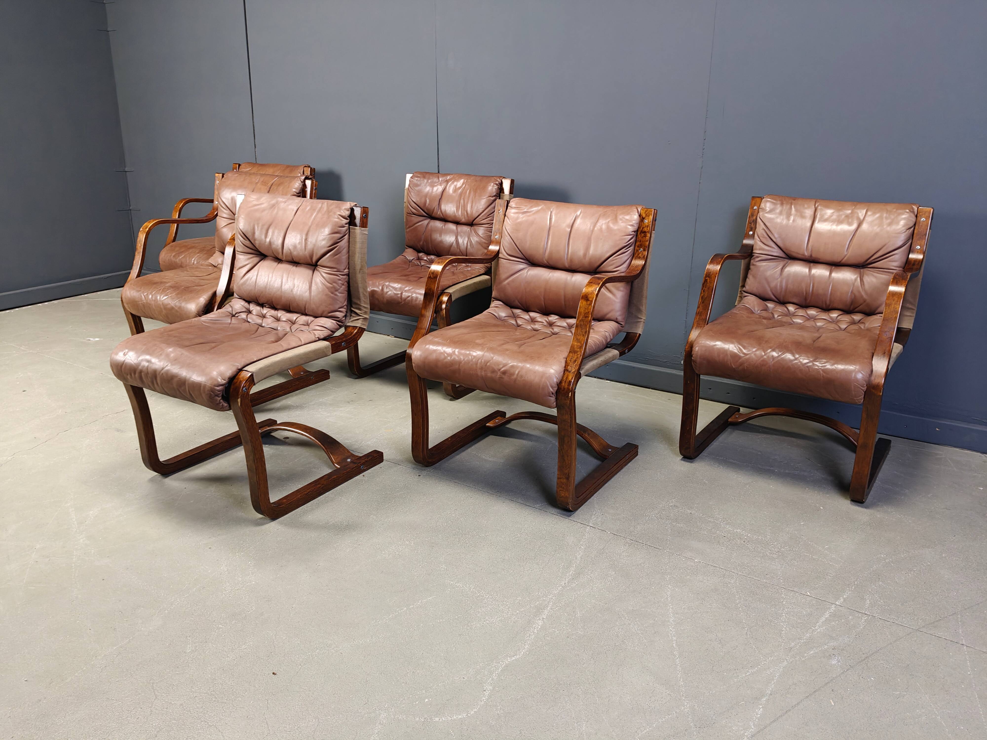 Asko Pajamies vintage leather plywood chairs from Finland, set of 6 - 1970s