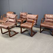 Asko Pajamies vintage leather plywood chairs from Finland, set of 6 - 1970s