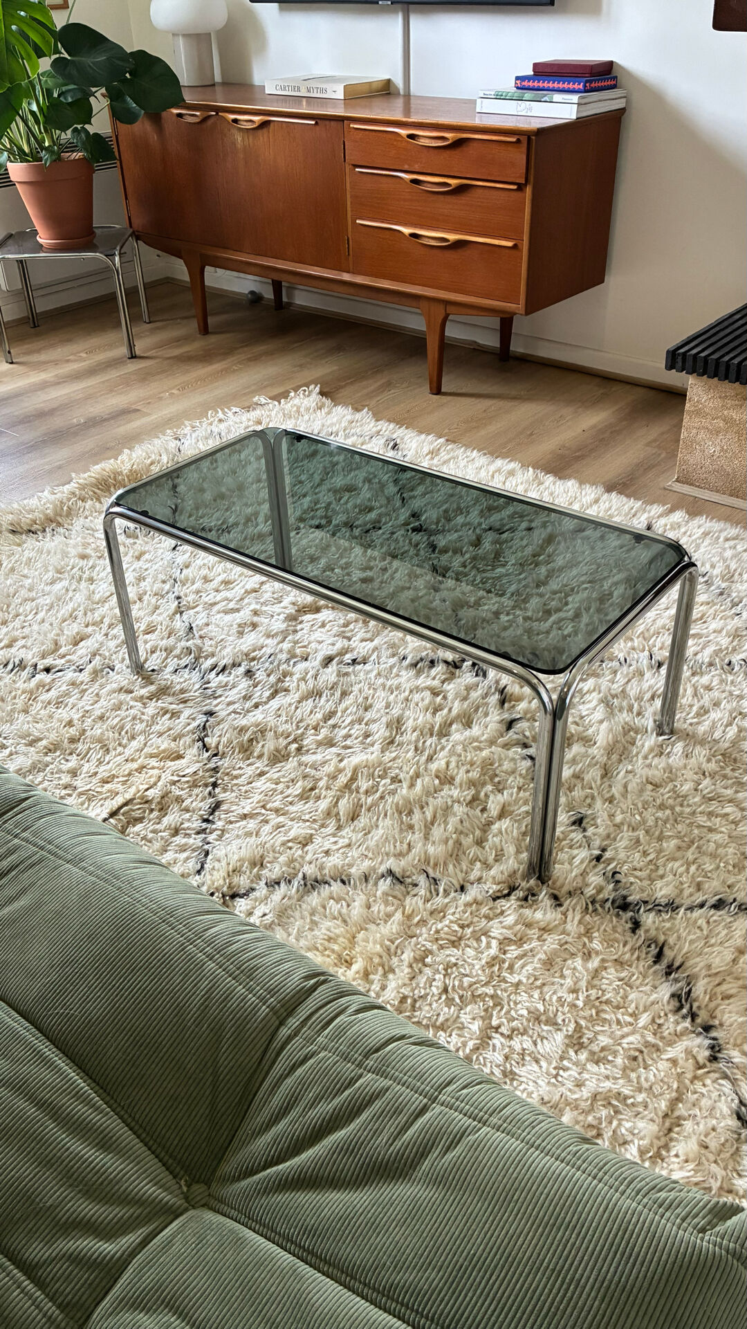 Vintage tubular chrome and smoked glass coffee table – 1970s style
