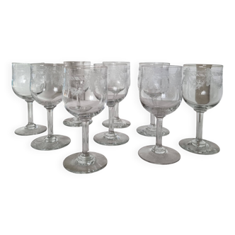 Set of 9 antique 19th century blown crystal liqueur glasses