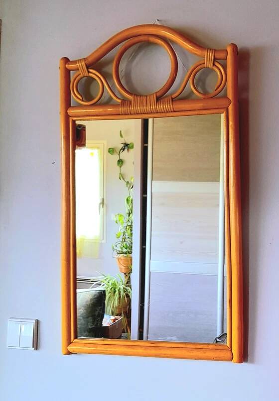 Miroir en bois courbé et rotin