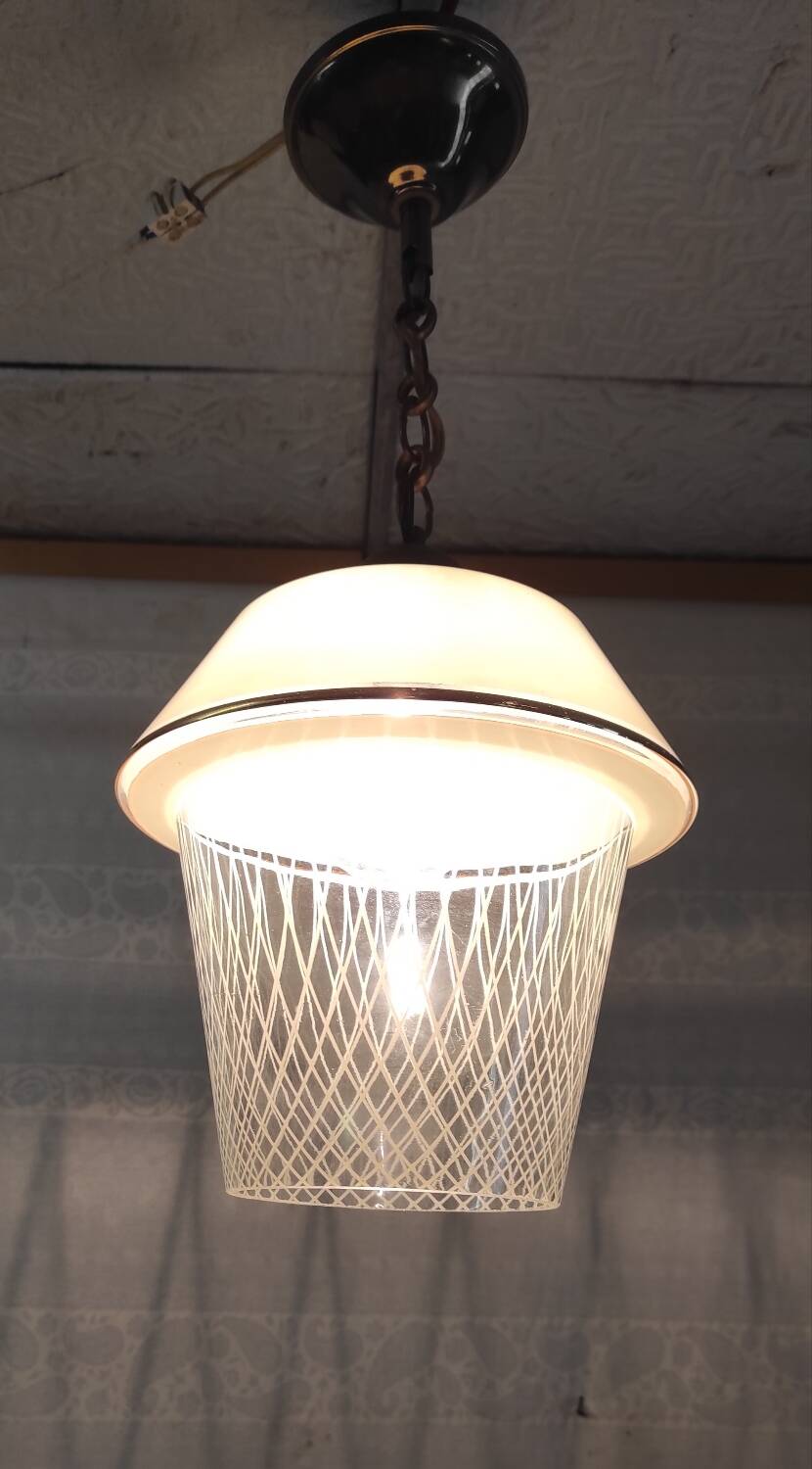 Vintage pendant light in glass and gold metal - 1960s