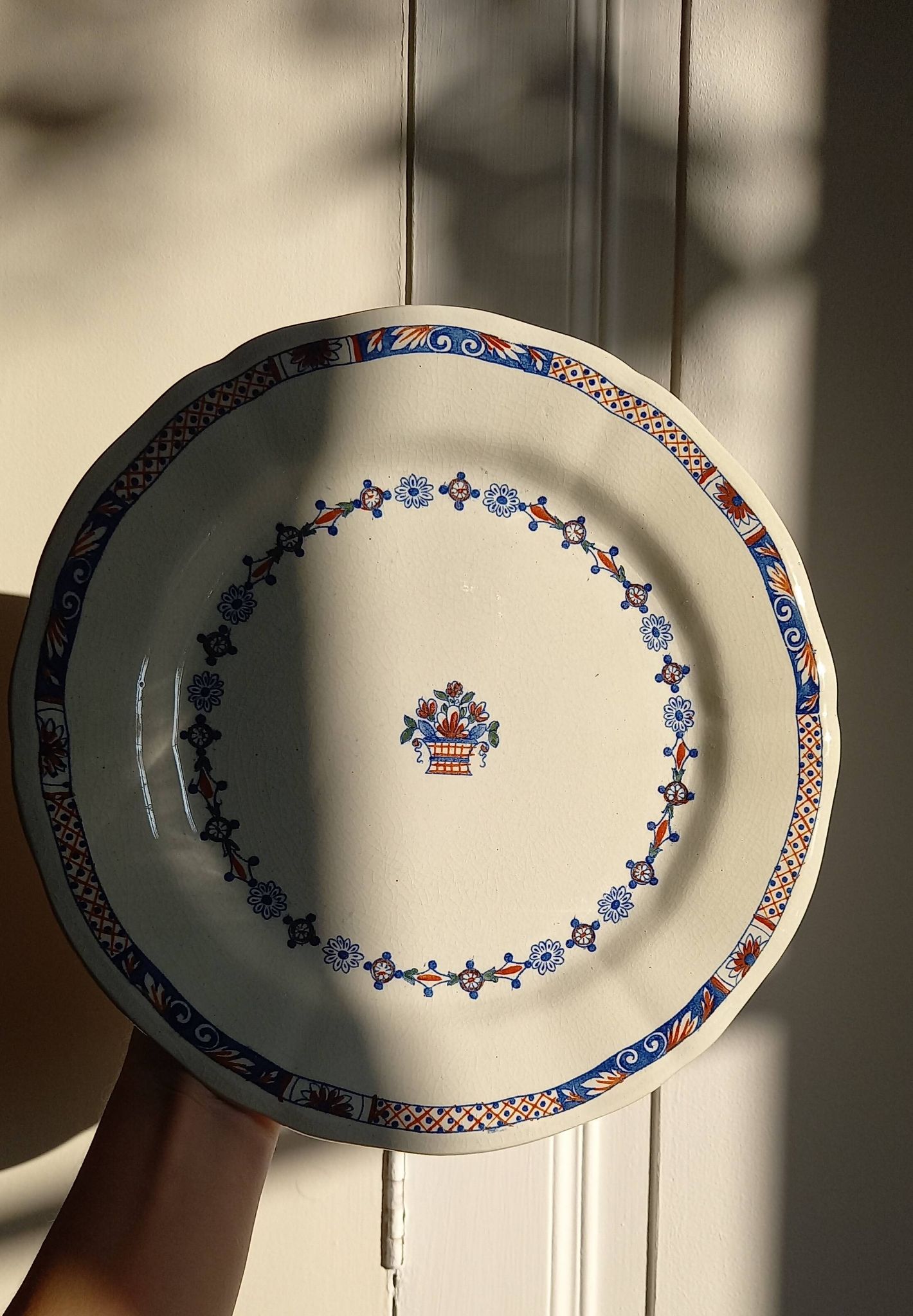 Old mounted plate, compotier in iron earthenware E. Bourgeois large deposit “Rouen XVIII”