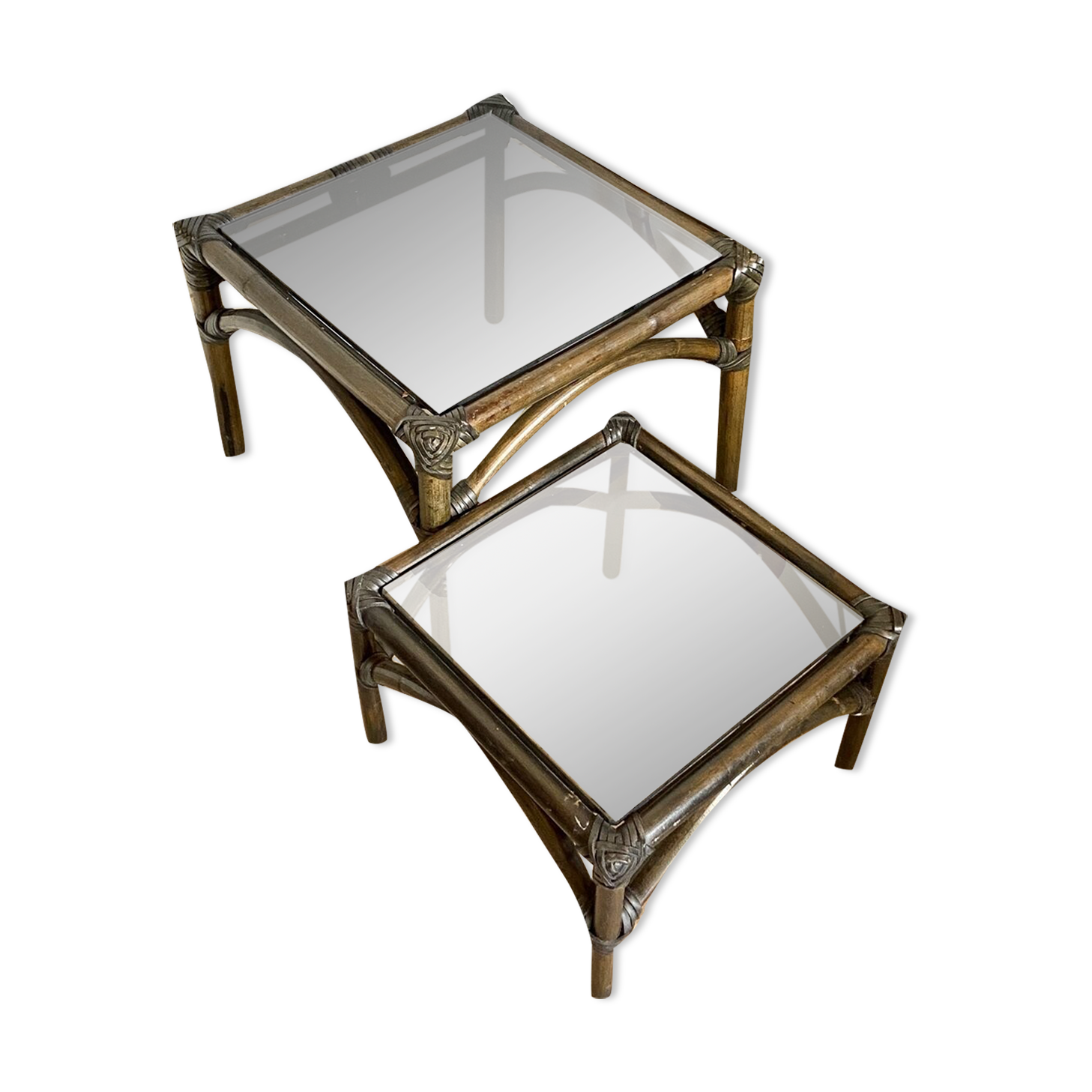 2 coffee tables, rattan sofa tips and smoked glass
