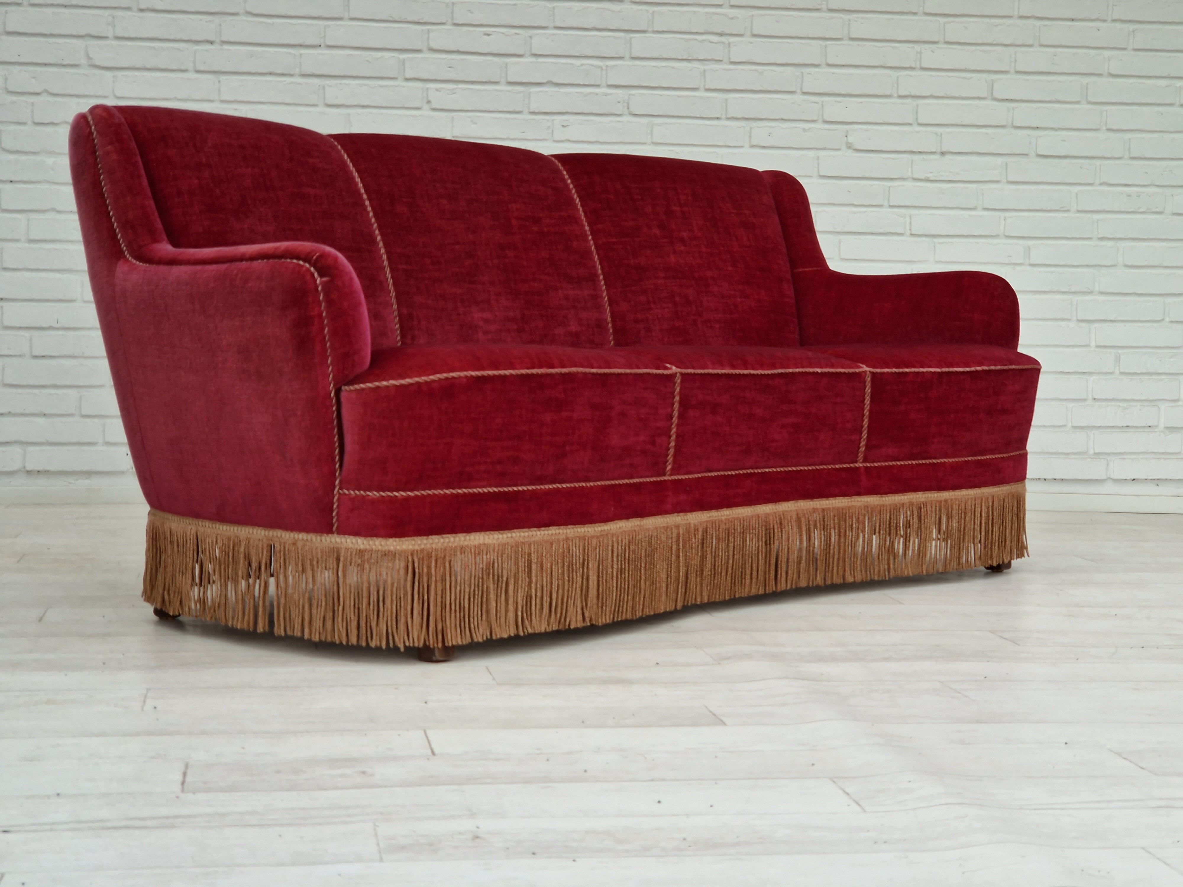 1970s, Danish vintage 2 seater "Banana" sofa, cherry-red velour, original very good condition.