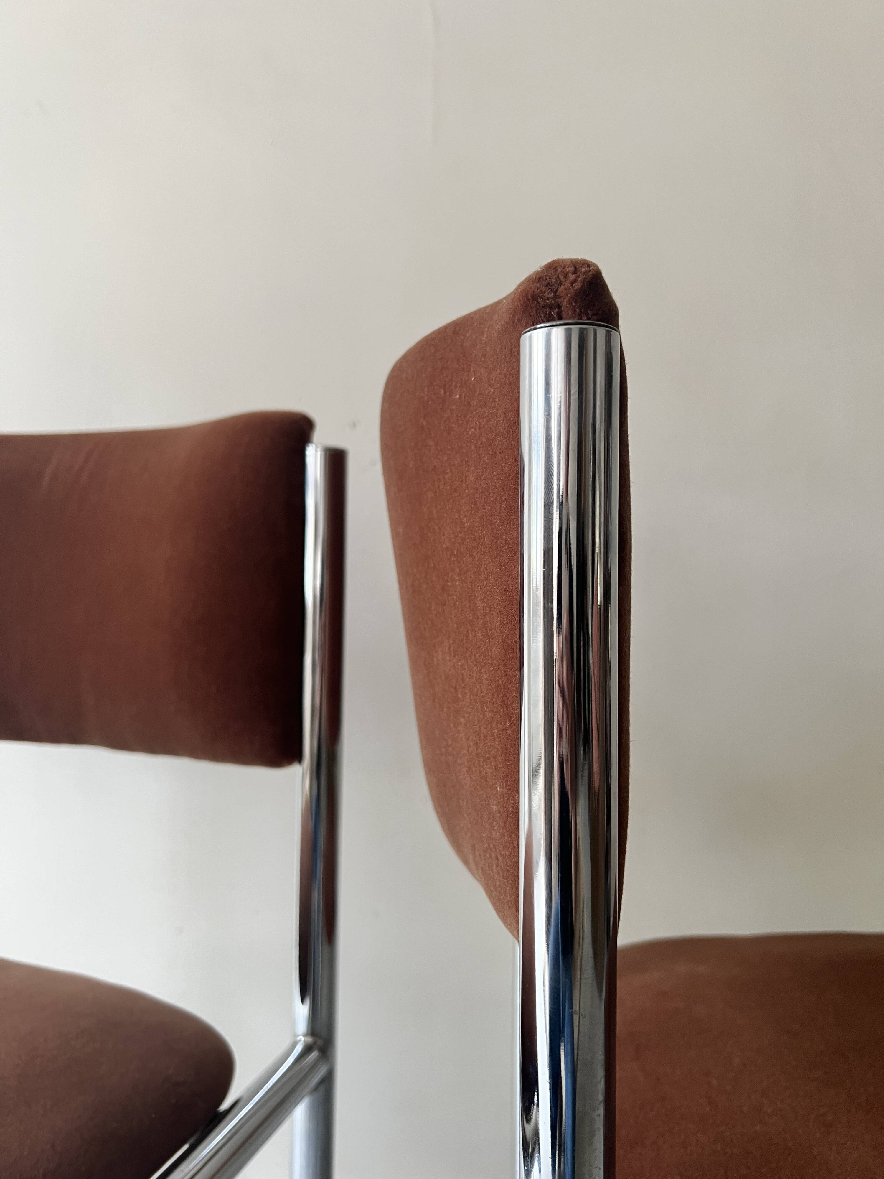 Pair of chrome and chestnut brown velvet chairs, 1970s design