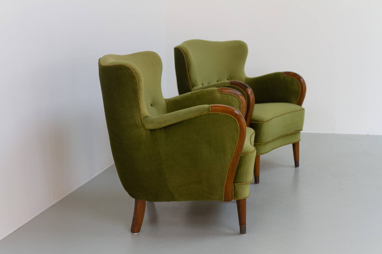 Danish art deco green velvet lounge chairs, 1940s. set of 2
