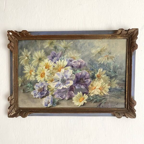 Aquarelle fleurs ancienne ecadrée M Réginal