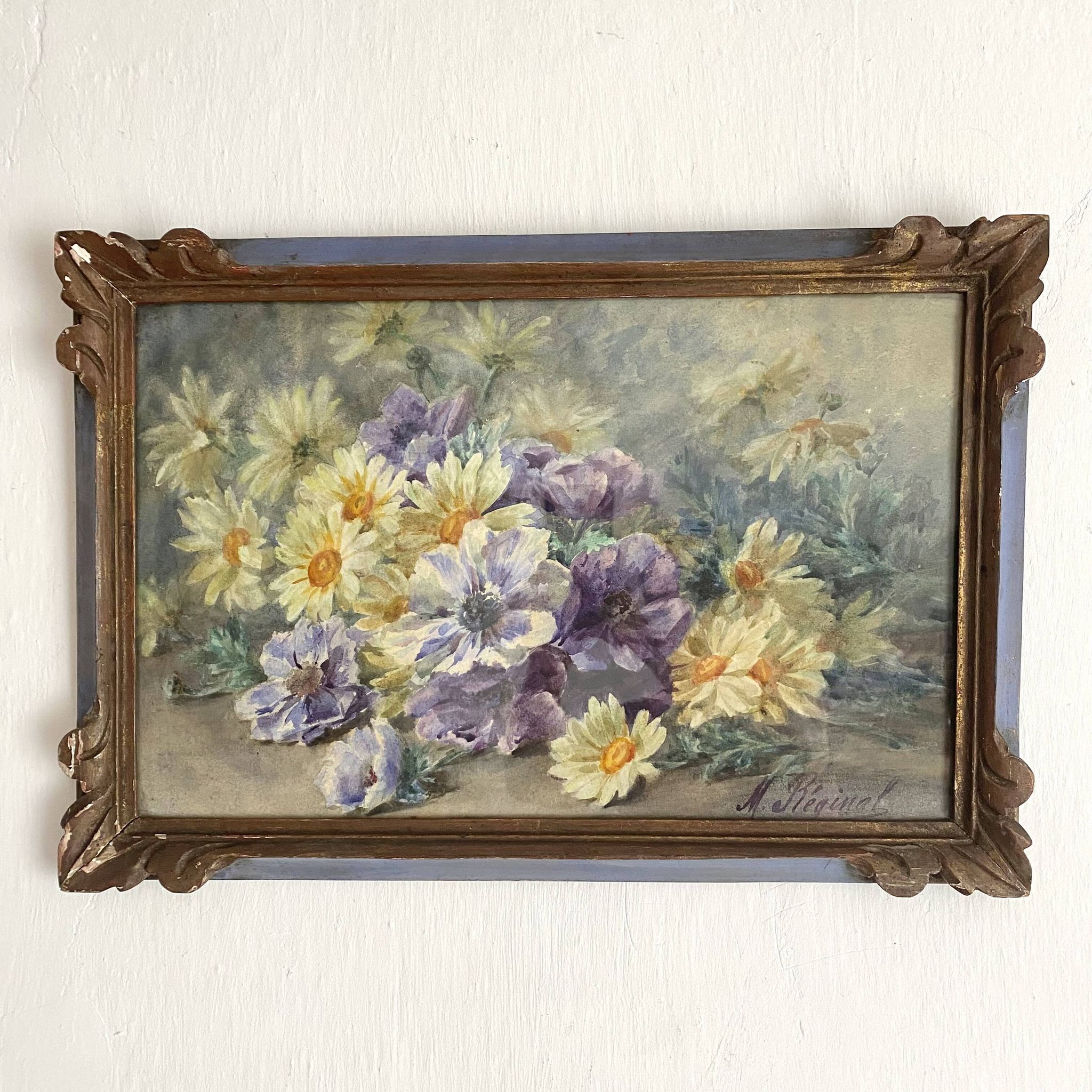 Framed old watercolor flowers M Réginal