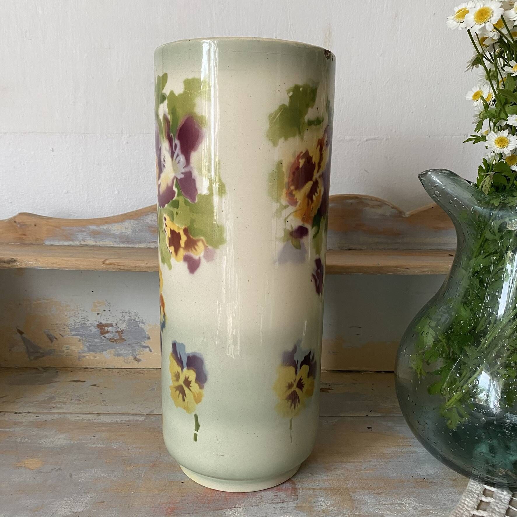 Large tubular vase in Choisy-le-Roi earthenware, decorated with pansies.