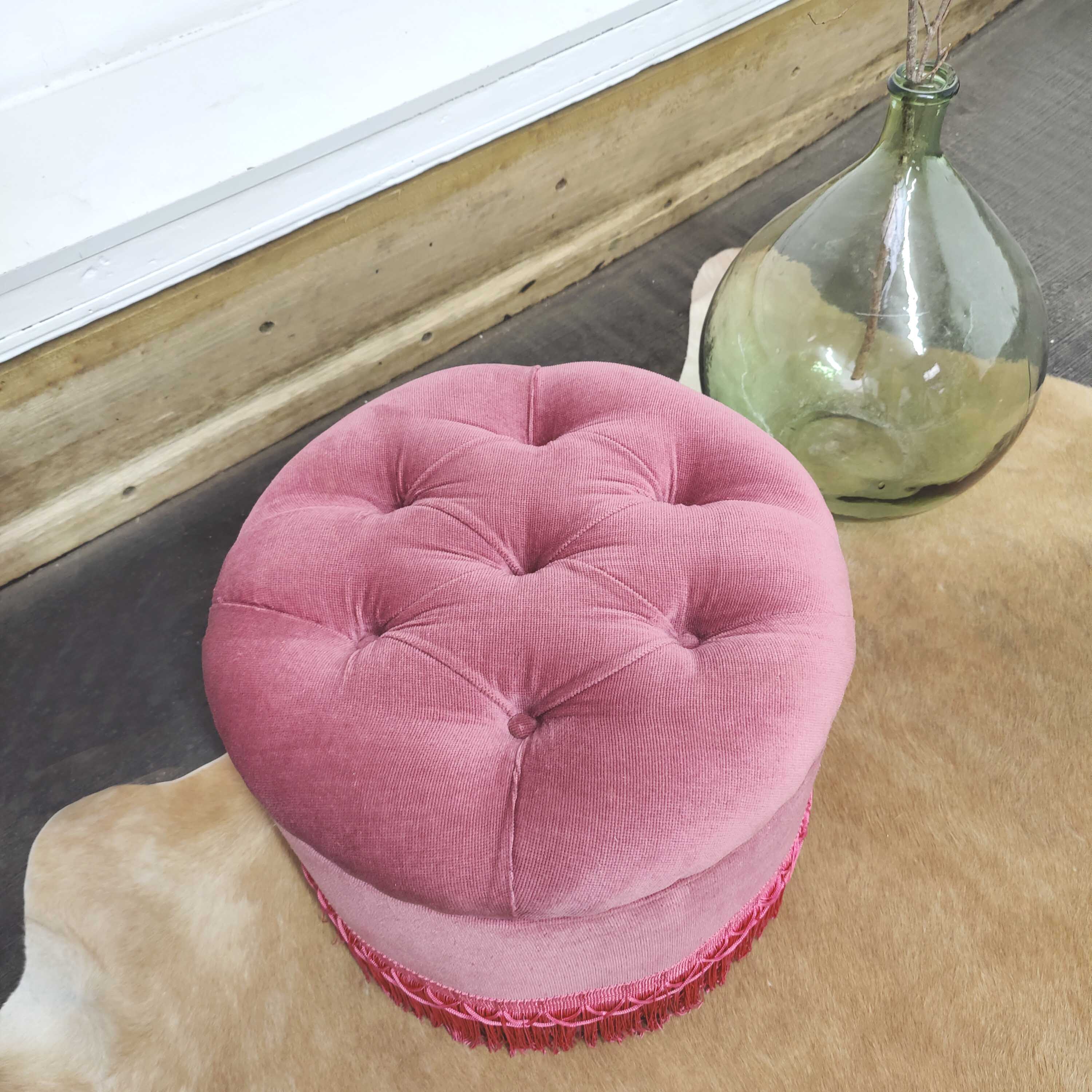 Vintage velvet padded pouf stool with fringes