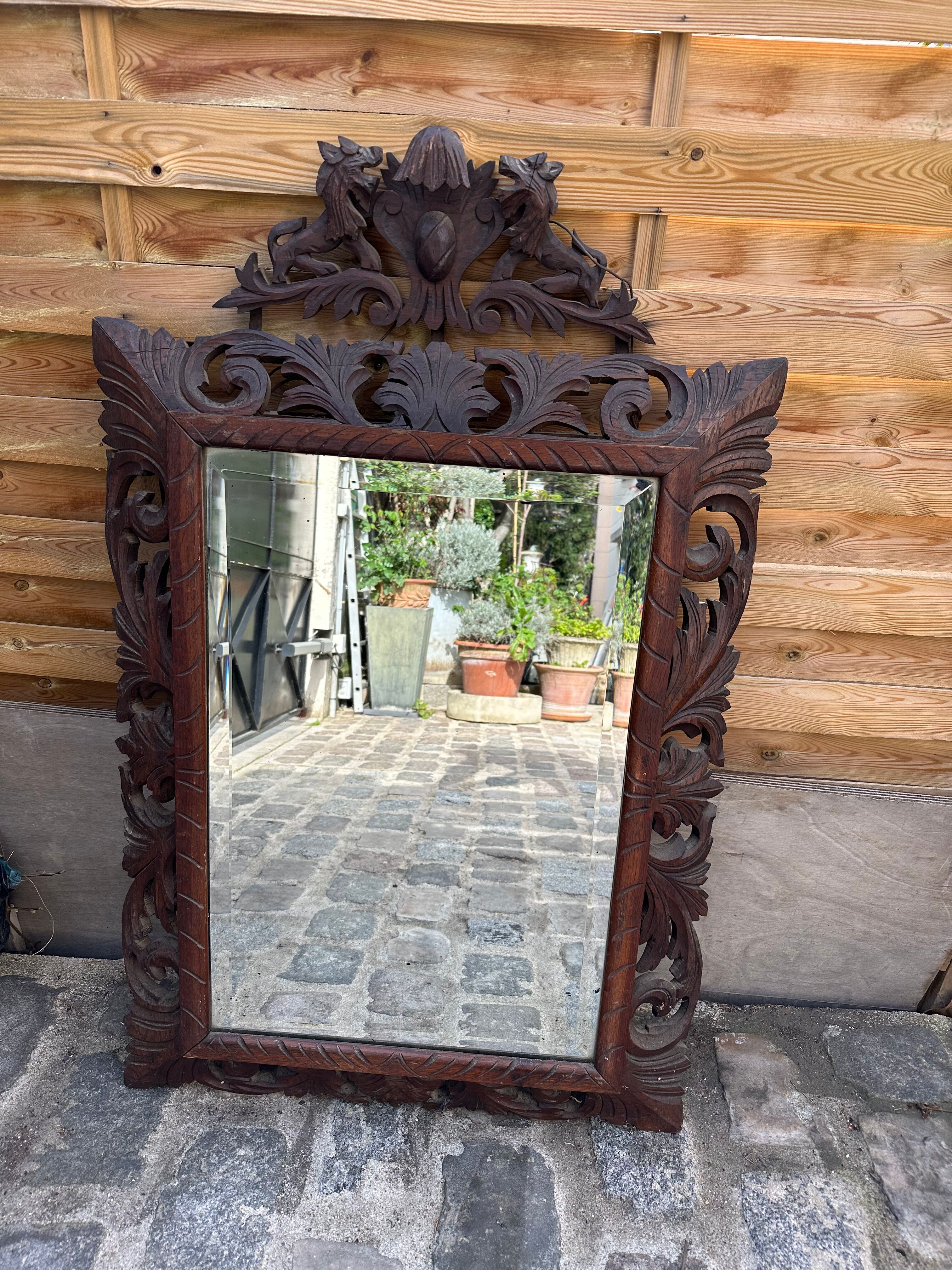 Carved wooden mirror - beveled ice - early twentieth century