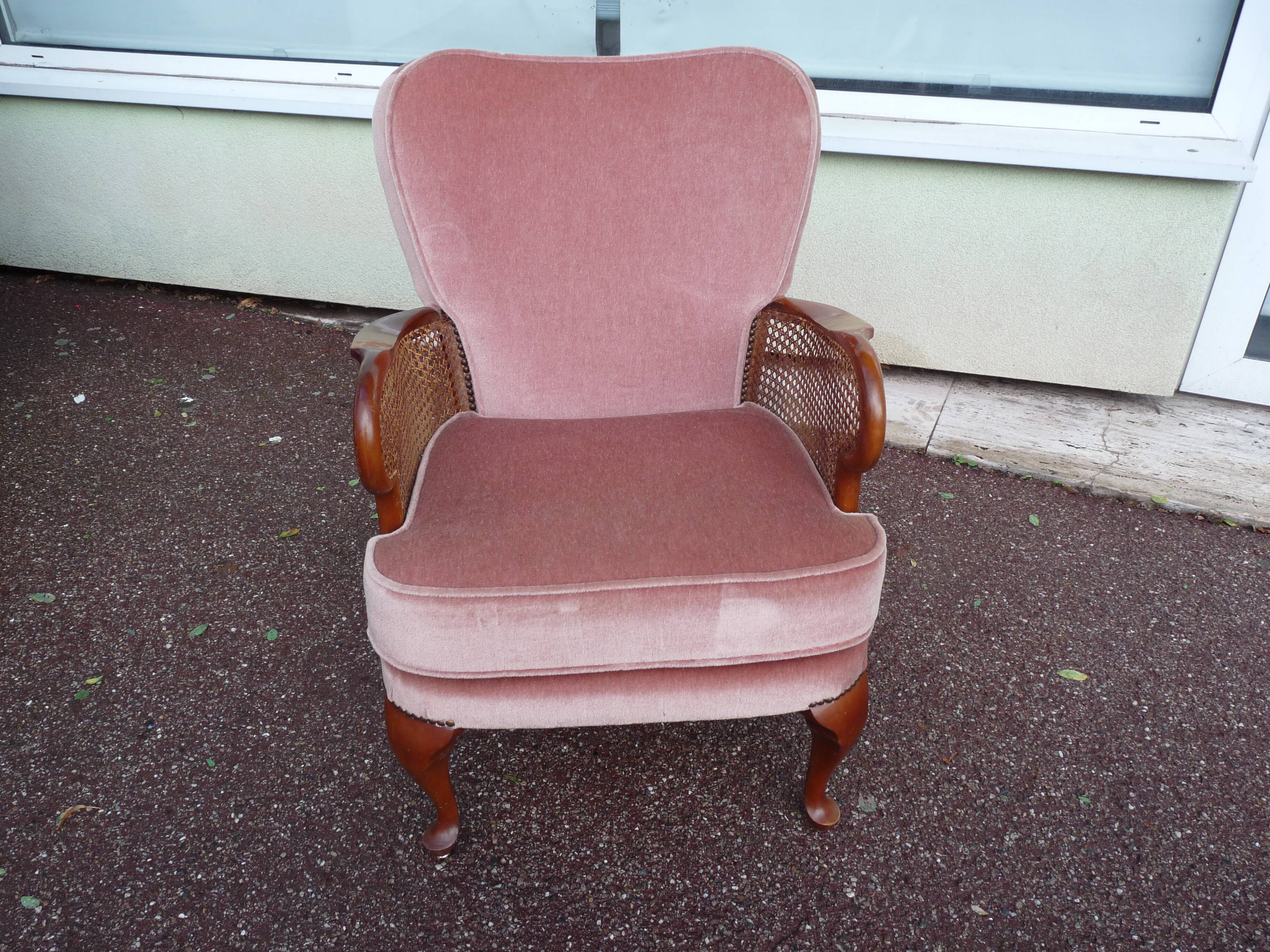 fauteuil bois velours rose cannage - cocktail