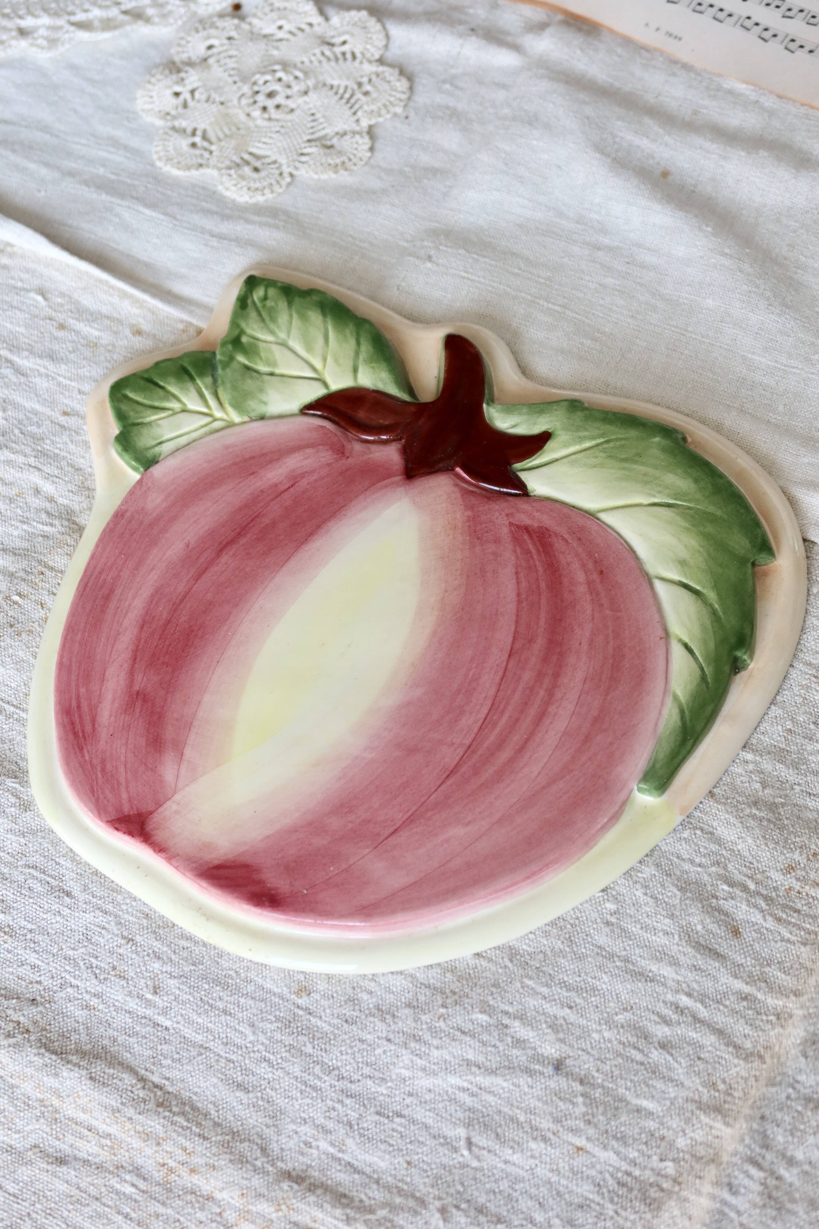Large vintage ceramic trivet with peach motif - Made in Portugal