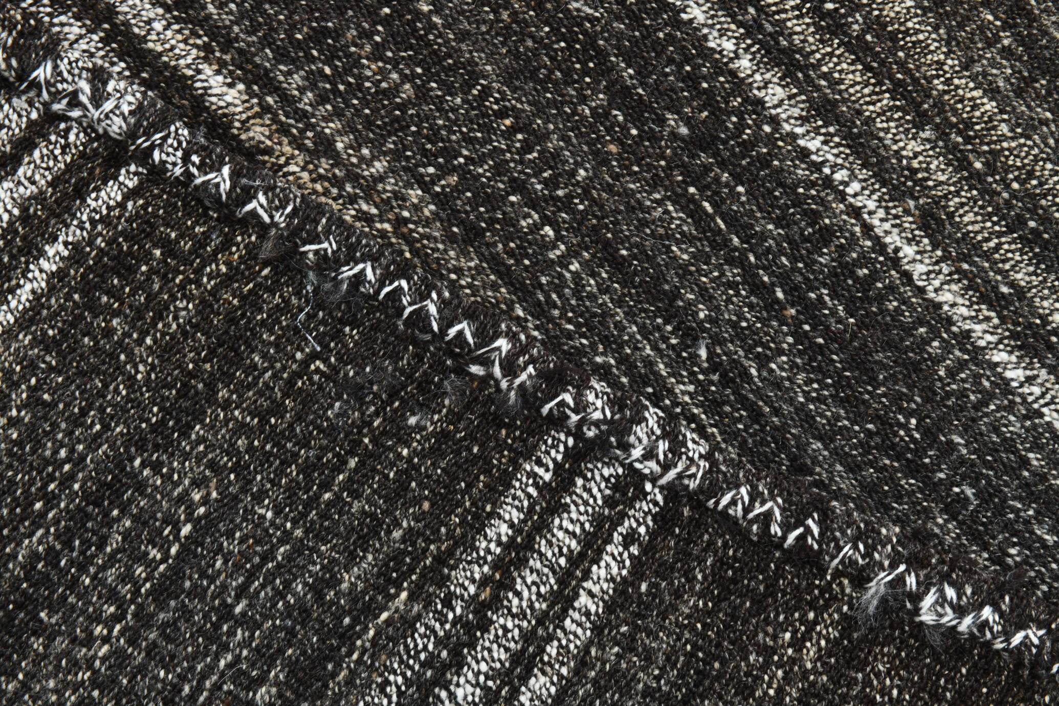 Charcoal Grey Striped Minimal Turkish Kilim Rug, 202x244 Cm