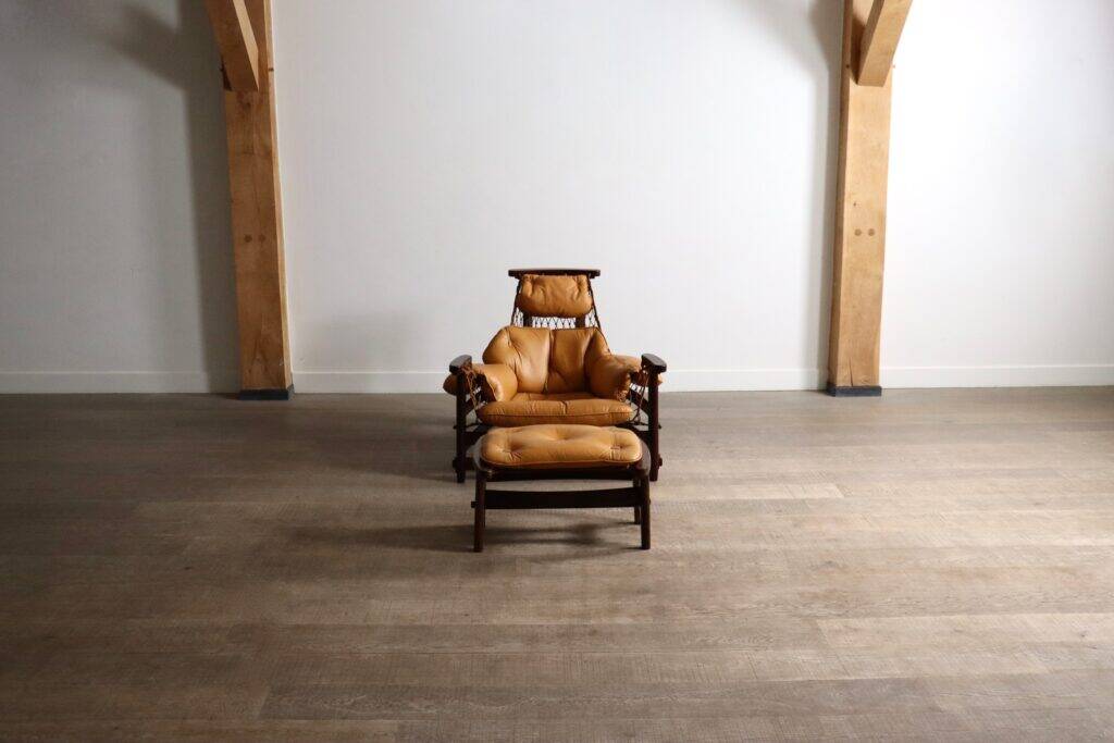 Jangada lounge chair with ottoman in cognac leather by Jean Gillon, Brazil, 1960s