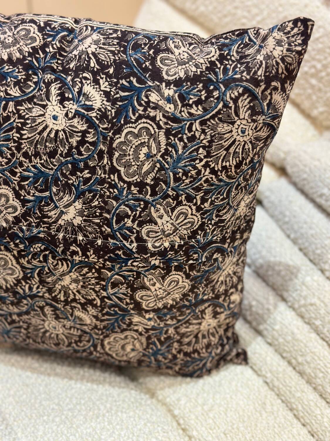 “Indian garden” flower block print cushion - brown/blue