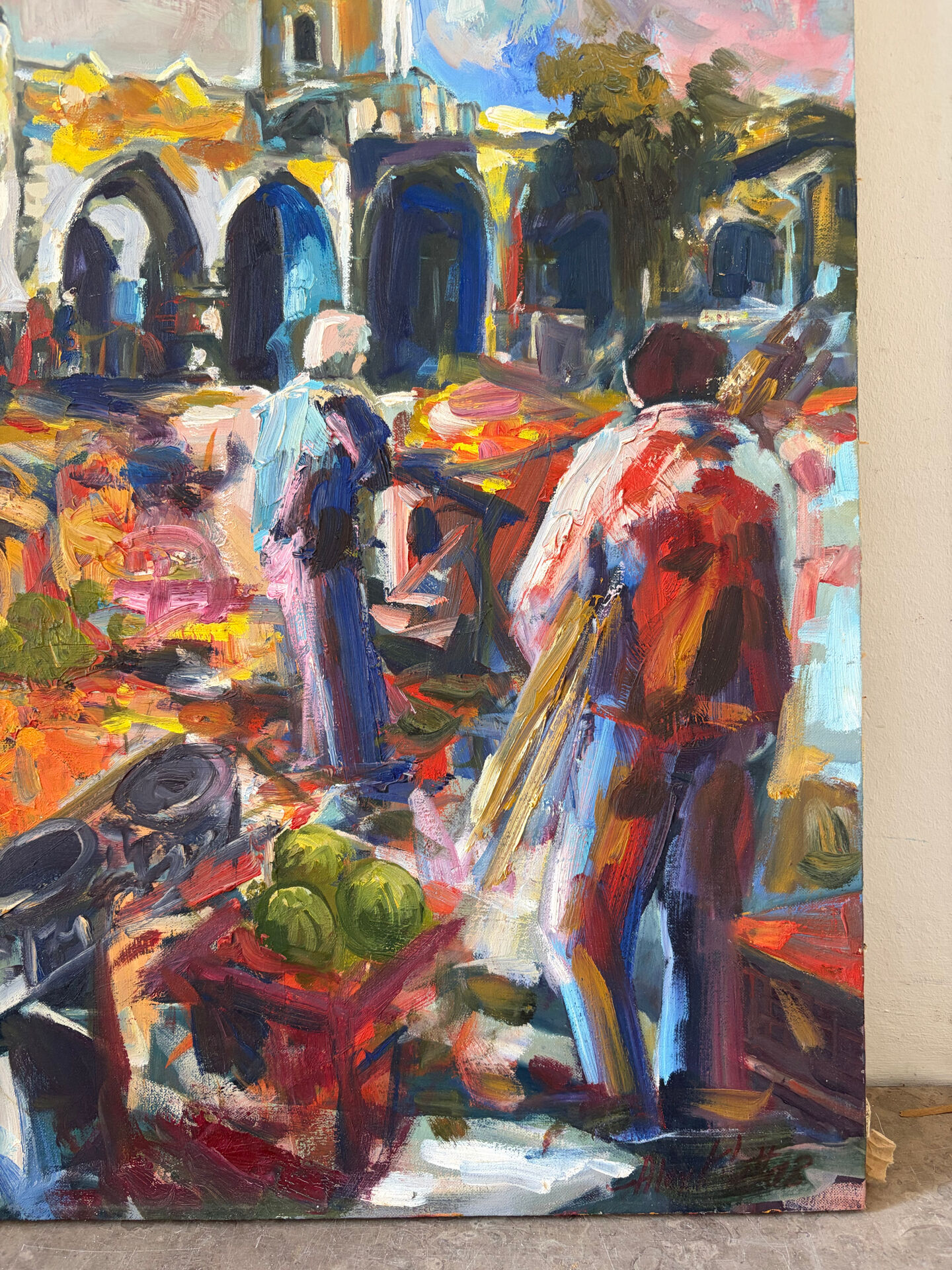 Le marché à Chypre, huile à couteau,  signé Alex Khattab