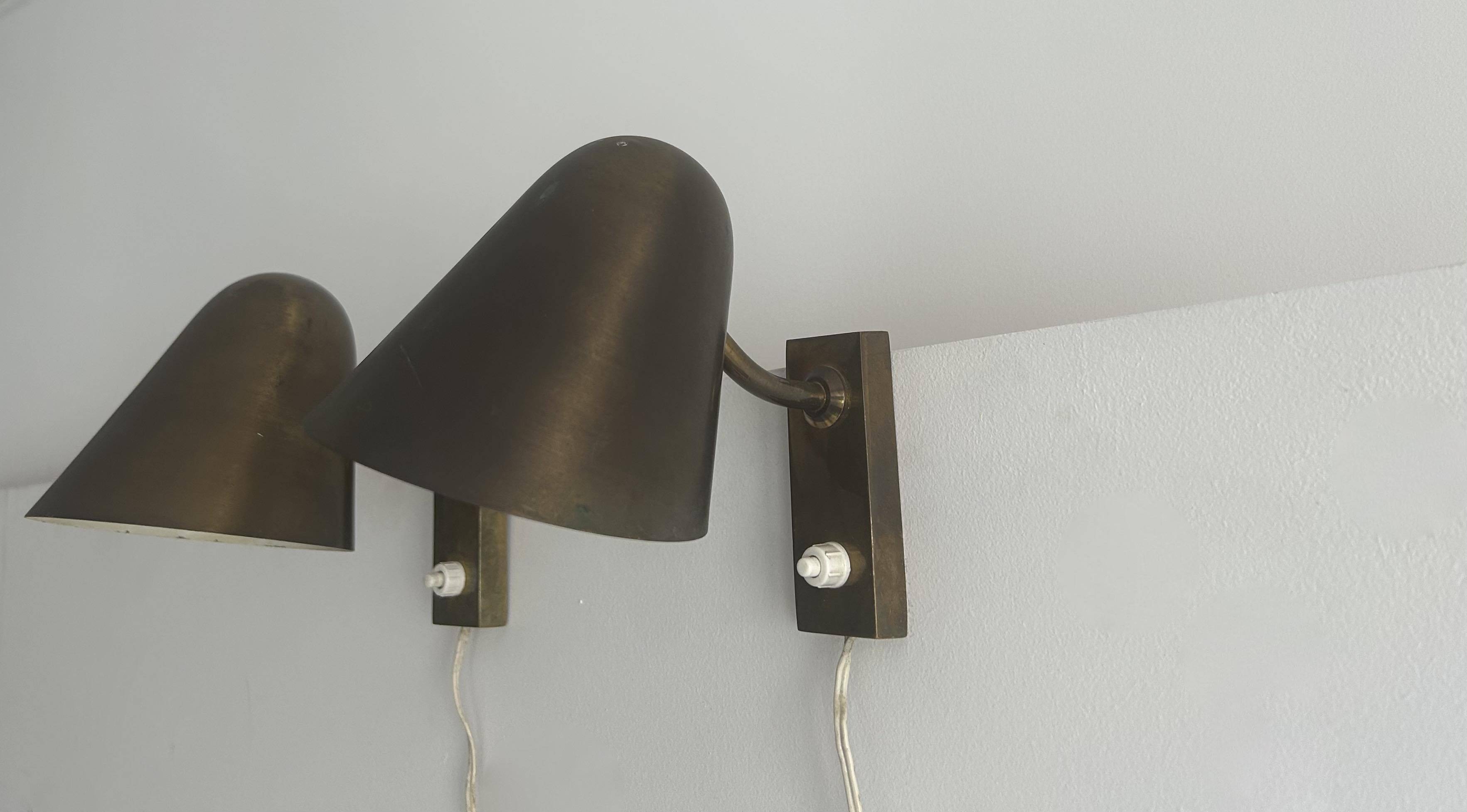 Pair of vintage adjustable wall lights, solid brass, France 1940
