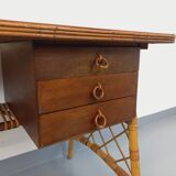 Vintage Louis Sognot desk in rattan and wood from the 1960s