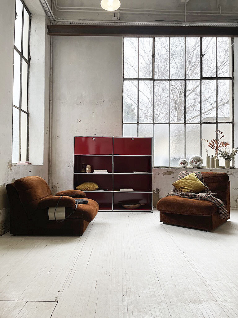 Pair 70s brown velvet armchairs