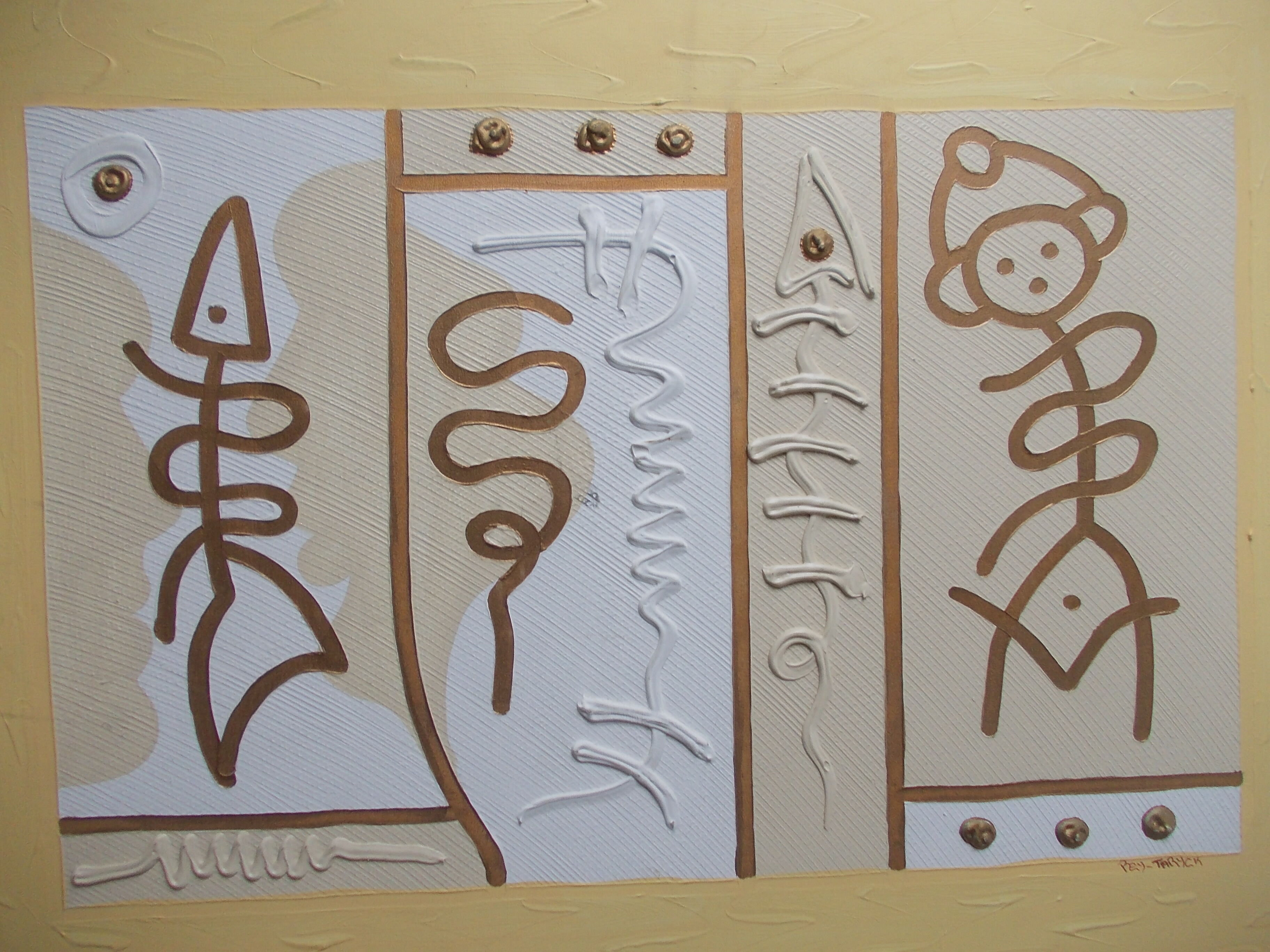 Large oil on canvas painting signed Pey Taryck abstract figures ethnic africa middle east