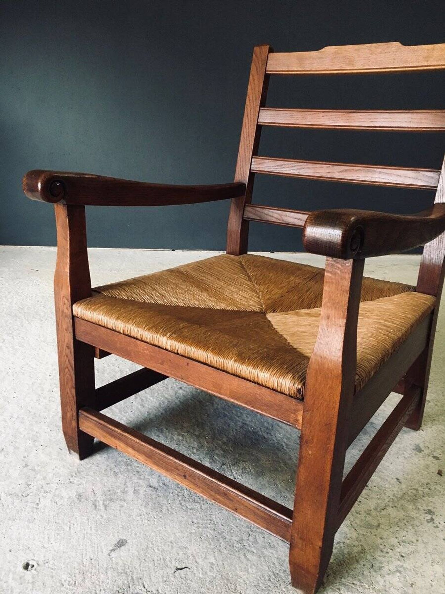 Rustic Oak & Rush Armchair, France, 1930s
