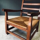 Rustic Oak & Rush Armchair, France, 1930s