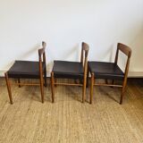 3 vintage Scandinavian chairs in teak and brown leatherette