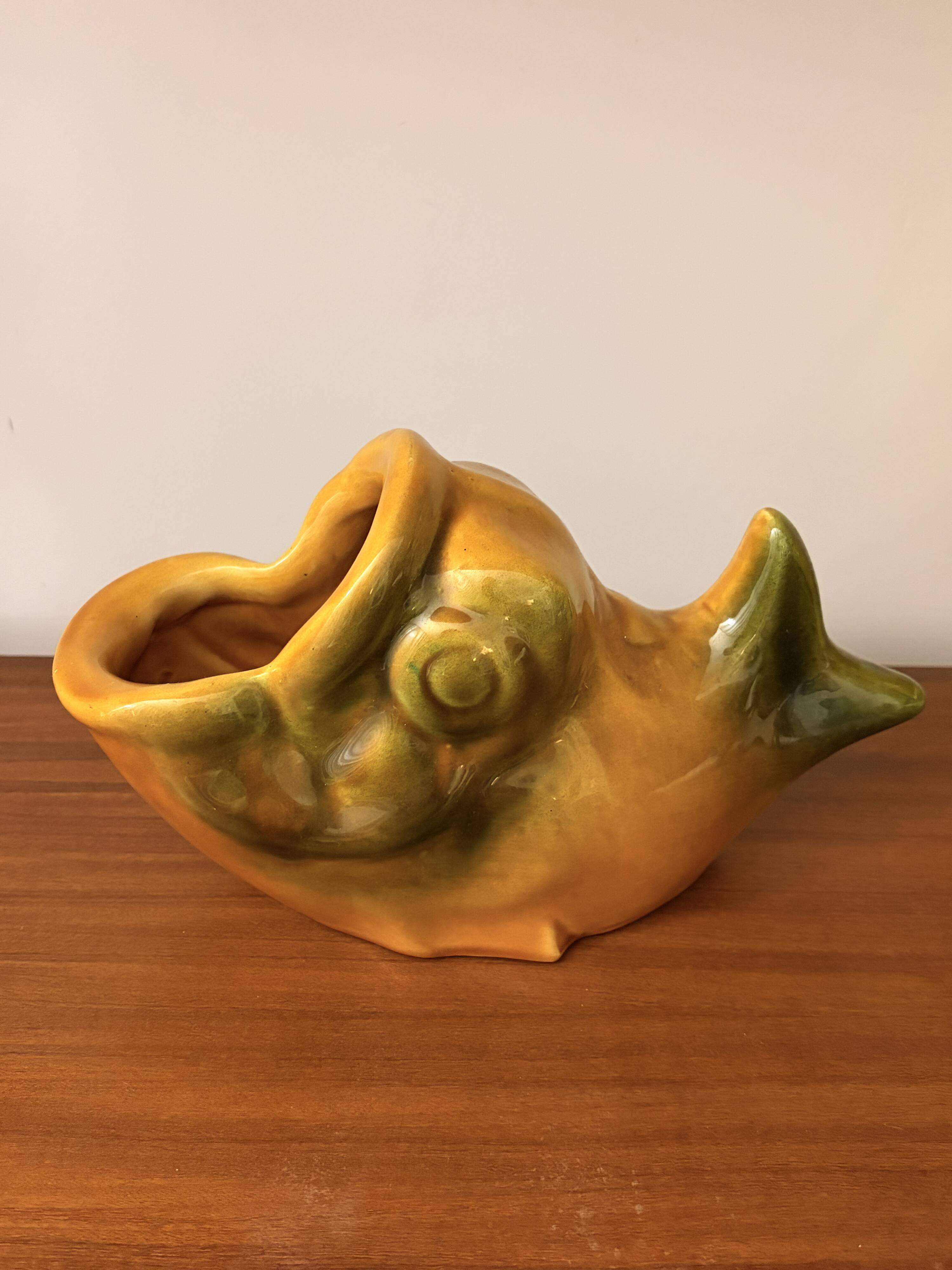 Saucière poisson Vallauris en faïence orange et vert vintage 60s/70s
